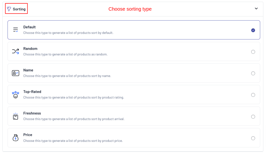 Choosing sorting option for dynamic cross-sell bundle