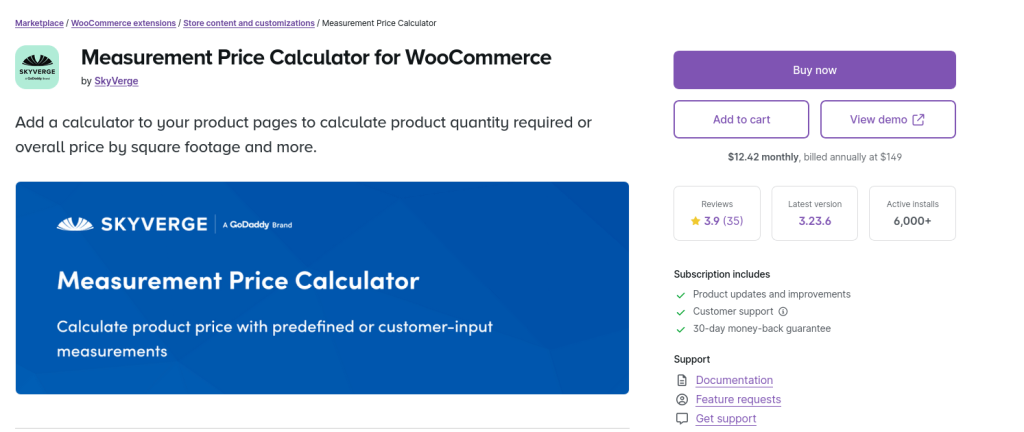 product page of measurement price calculator